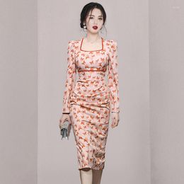 Casual Dresses 2023 Runway Autumn Butterfly Print Pencil Dress Fashion Women Square Collar Long Sleeve Slim High Waist Bodycon Midi Vestidos