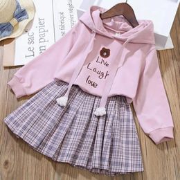 Clothing Sets 4 6 8 10 12 Years Girls Clothing Sets Cotton Cartoon Little Bear Hoodies Pleated Skirt 2Pcs Suit For Children Birthday Present 230927