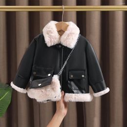 Down Coat Girls' Short Leather Jacket 2023 Autumn Winter Baby's Velvet Thicked Pu Outerwear Fashion Children's Warm Motorcycle Coats