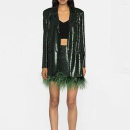 Two Piece Dress Fashionable Women Dark Green Sequin Mini Skirt Suit 2 -Piece Feather Stitching Design European And American Style Gatherings