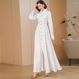 Casual Dresses Office Lady Autumn Long Sleeve Jacquard Dress For Women Buttons White Fashion Trends Maxi Single Breasted