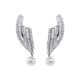 Fascinating Real Pearl Diamond 14k Solid White Gold Elegant Drop Earring Engagement Jewellery For Women