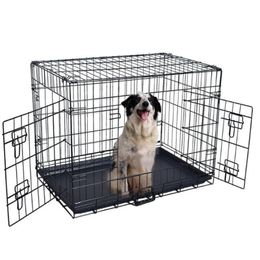 Folding Dog Cage Dog Houses Kennels Accessories 2 Doors Wire Folding Pet Crate Cat Cage Suitcase Dog Carrier 48inch