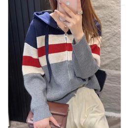 Women's Sweaters Western Style Striped Double Zipper Hooded Cashmere Knit Cardigan Coat Women Spring And Autumn Loose Wool Hoodie