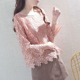 Women's Blouses 2023 Autumn Hallow Out Long Sleeve Lace Blouse Women Sweet Fashion Summer Tops Korean Casual Pink Blusas