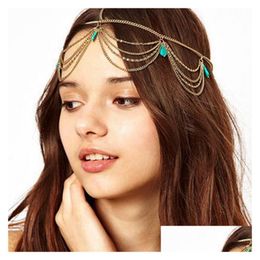 Hairpins Ethnic Boho Weddings Bride Hairpin Accessories For Women Gold Tassels Charm Hairbands Green Turquoises Head Chains Jewelry Je Dhyzk