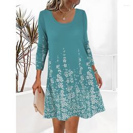 Casual Dresses Women's T-shirt Dress Foliage Floral Print Round Neck Long Sleeved Loose Fitting Pullover Vestidos Mujer