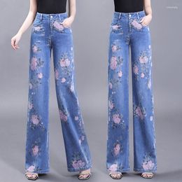 Women's Jeans High Quality Fashion Waist-washed For Women 2023 Spring/summer Retro Rose Print Straight Leg Wide-leg Pants