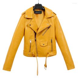 Women's Fur Short PU Skin Slim-fit Leather Double Breasted Belted Trench Coat Female Yellow Pink Black Date Red Motorcycle Jacket