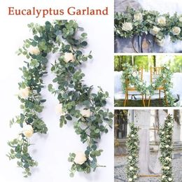 Eucalyptus Garland with Rose Flowers Artificial Vines Faux Silk Greenery Wedding Backdrop Arch Wall Decor for Home Dinning Table266P