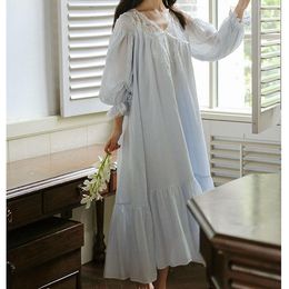 Women's Sleepwear Cotton Night Dress Women Autumn Long Sleeve Lace Vintage Pajamas Nightgown Loose V Neck Nightdress Home Wear Princess