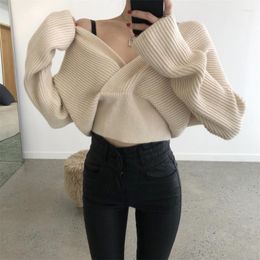Women's Sweaters Korean Sexy V-neck Cross-Criss Women Knitted Pullovers Autumn Elegant Loose Warm Sweater Female Full Sleeve Crop Tops T209
