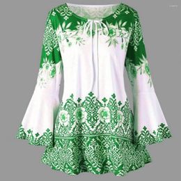 Women's Blouses Women Top Flower Print Horn Sleeve Lady Shirt A-line Loose Hem Lace Up Round Neck Female Blouse Contrast Colour Tight Waist