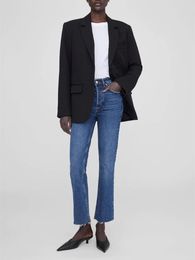 Women's Jeans Cotton Ladies Commuting Versatile Straight Slim Denim Pants 2 Colours Cropped Fringe High-Waisted Autumn
