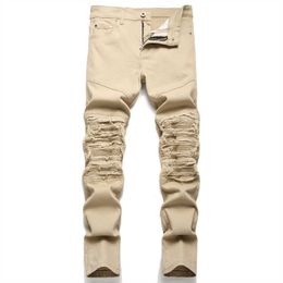 Men's Jeans New Fashion Men's Biker Jeans Pants Slim Fit Pleated Motocycle Denim Trousers Brand Designer High Elastic Khaki Ripped Jeans J230926