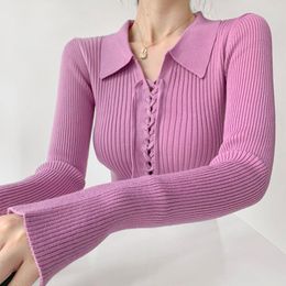 Women's Knits Polo Lapel With Tie Up And Split Sleeve Knitted Top For Slim Fit High Waisted Short Pullover Small Shirt