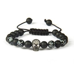 Whole 10pcs lot 8mm Quality Matte Agate And Obsidian Stone With Clear Cz Black Skull Macrame Bracelet For Men255b