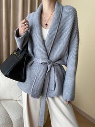 Womens Knits Tees Knitted Cardigan Sweater Loose Lace Up Waist Retraction Oversized Autumn Grey Warm Fashion Coats for Women 230927