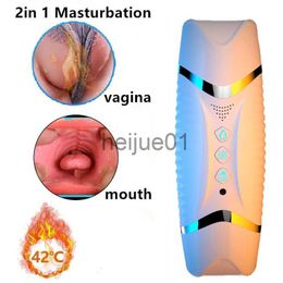 Masturbators Male Masturbation Cup Dual Channel Realistic Vagina Mouth Oral Blowjob Vibration Vibrating Heating Pocket Pussy Men Masturbator x0926