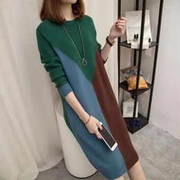 Casual Dresses Fashion Knitted Spliced Loose Colour Women's Clothing 2023 Autumn Oversized O-Neck Asymmetrical Midi Dress