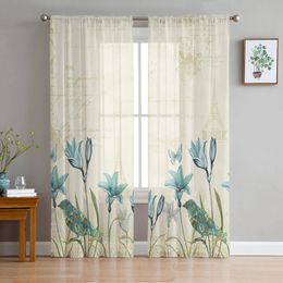 Curtain Flower Retro Tulip Plant Voile Sheer Curtains For Living Room Window Chiffon Tulle Kitchen Bedroom Drapes Home Decor 230927