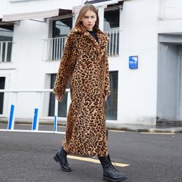 Women's Fur Imitation Coats Leopard Pattern Hair Super Long Suit Collar Coat Jacket Women