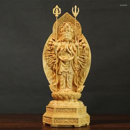 Decorative Figurines 20cm Boxwood Thousand-Hand Guanyin Carving Sculpture Feng Shui Home Decor Solid Wood Buddha Statue