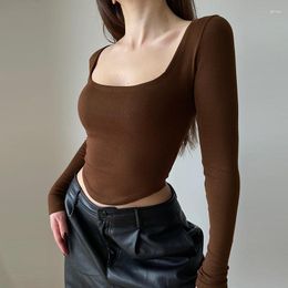 Active Shirts Long Sleeve U Neck Crop Top Women Sexy Female Slim Tight Tee Casual Summer Clothes Streetwear Brown Clothing