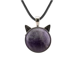 Pendant Necklaces Cute Cat Head Necklace With Natural Healing Crystal Belt Leather Rope Birthday Gift For Friends Drop Deliv Dhgarden Dh8Q6