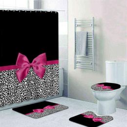Girly Pink Ribbon Leopard Print Shower Curtain Set Modern Cheetah Leopard Bath Curtains for Bathroom Home Decor Curtains 211102220I