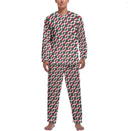 Men's Sleepwear Patchwork Print Pyjamas Autumn Red White Block Casual Men 2 Piece Graphic Long Sleeves Warm Pyjama Sets