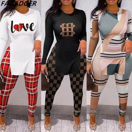 Women's Two Piece Pants FAGADOER Fall Women Two Piece Sets Outfits Casual Print Side Slit Top And Skinny Pants Tracksuits Fashion Streetwear 2pcs Suits 230927