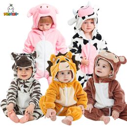 Rompers MICHLEY Halloween Baby Rompers Winter Clothes Costume Flannel Hooded Bodysuits Pajamas Animals Overall Jumpsuit For Kids Bebe 230926