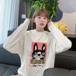 Women's T Shirts 2023 T-Shirt Sweater Hand-Painted Cartoon Print Cute Loose Student Crew Neck Casual Top
