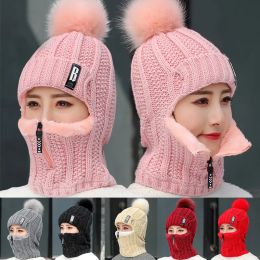 Coral Fleece Women Knitted Hats Add Fur Warm Winter Hats for Women with Zipper Scarf Keep Face Warmer Balaclava Pompoms Cap