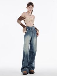 Women's Jeans Blue Washed Harajuku Vintage Streetwear Style Loose Pants 2023 Autumn Summer Y2K Wide Leg Baggy Denim Trouser