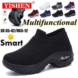 Dress Shoes YISHEN Women Tennis Shoes Sports Sneakers Cushion 5CM Platform Elastic Casual Shoes For Women Breathable Sock Walk Wedge Shoes 230927