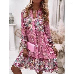 Party Dresses Women Floral Print Dress Oversize Elegant Pleated Long Sleeve Casual Female V Neck Loose Bohemian Beach Holiday Vestidos