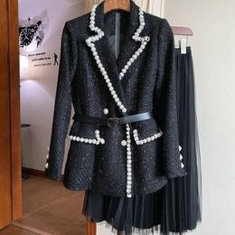 Two Piece Dress Spring Autumn Women Luxury Pearl Blazers Mesh Pleated Skirts 1 or 2 Piece Sets Korean Office Lady Work Suit Jacket Skirt Outfits 230927