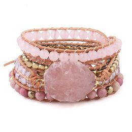 Bangle Natural Stone Bracelet Pink Quartz Leather Wrap Bracelets for Women Rose Gems Crystal Beads Bohemia Jewellery 230927