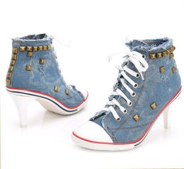 Valentine Denim Dress Shoes Women Canvas High Heels Fashion Shoe Laces Sneakers Pumps Short Boots