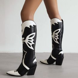Boots Fashion Butterfly Cowgirl Chunky Women Boots Vintage Embroidered Black White Fairy Western Knee High 230926