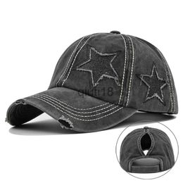 Ball Caps 2023 New Men's and Women's Broken Hole Light Edition Braided Cap Horsetail Hat Sparkling Five Point Star Baseball Hat Washed x0927