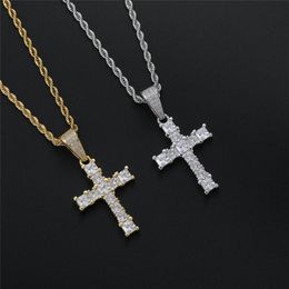 Hip Hop Iced Out Lab Diamond Cross Pendant Necklace Gold Silver Plated Micro Paved Cubic Zircon Mens Bling Jewellery Gift231E