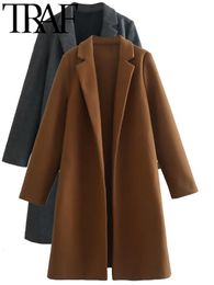 Women's Wool Blends TRAF 2023 Camel Color Autumn Women Overcoat Long Sleeve Loose Jacket Vintage Trench Coat Female Outwear Warm Y2K Old Money Style 230926