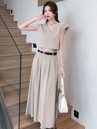 Work Dresses French Vintage Elegant Two Piece Set Women Summer Sleeveless Shirt Crop Top Temperament High Waist Long Skirt Suits