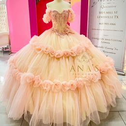 Pink Sparkle Beaded Quinceanera Dresses Sequined Off Shoulder Ball Gown Birthday Gown Tull Vestidos De 15 Anos Sweet 16