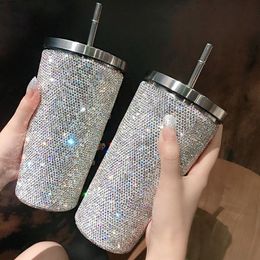 Mugs 500ml Shiny Rhinestone Vacuum Flask Straw Coffee Cup Stainless Steel Portable Hot Water Bottle Thermos Car Ice Master Mug Gifts 230927