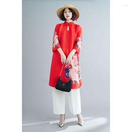 Casual Dresses Pleated Dress Female 2023 Spring Vintage Ethnic Stand Collar Printing Temperament A-line Year Red