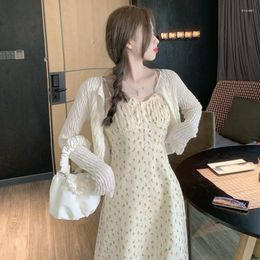 Work Dresses Spring And Autumn 2023 Women's French Bellflower Two-piece Suit Suspender Floral Dress Early Style Sexy